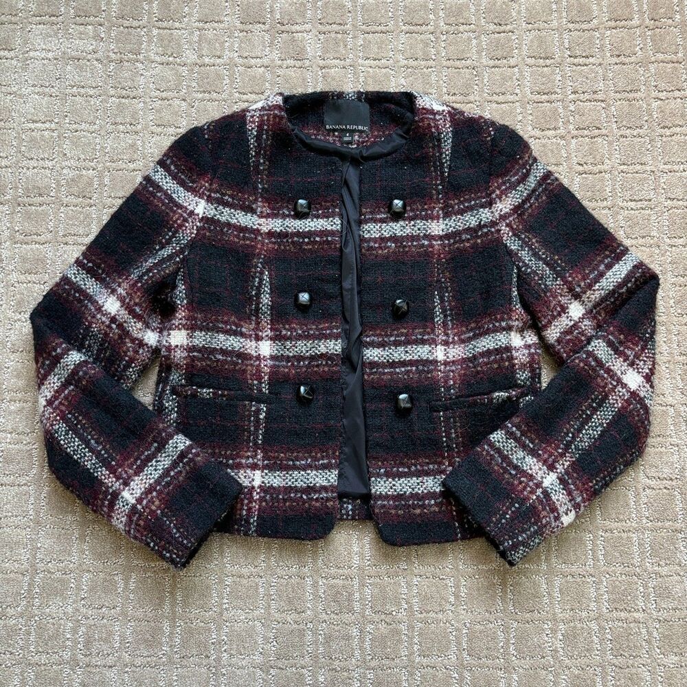 Banana Republic Boucle Wool Alpaca Plaid Jacket Women's 4 Black Cropped Preppy